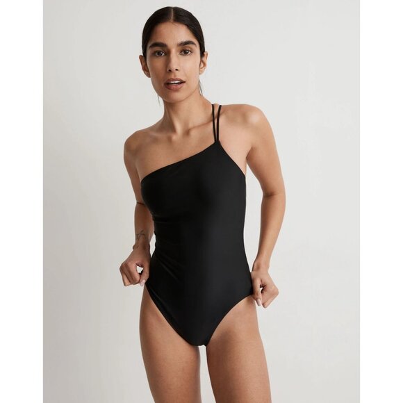 Madewell NWT Double-Strap One-Shoulder One-Piece Swimsuit in True Black size XL